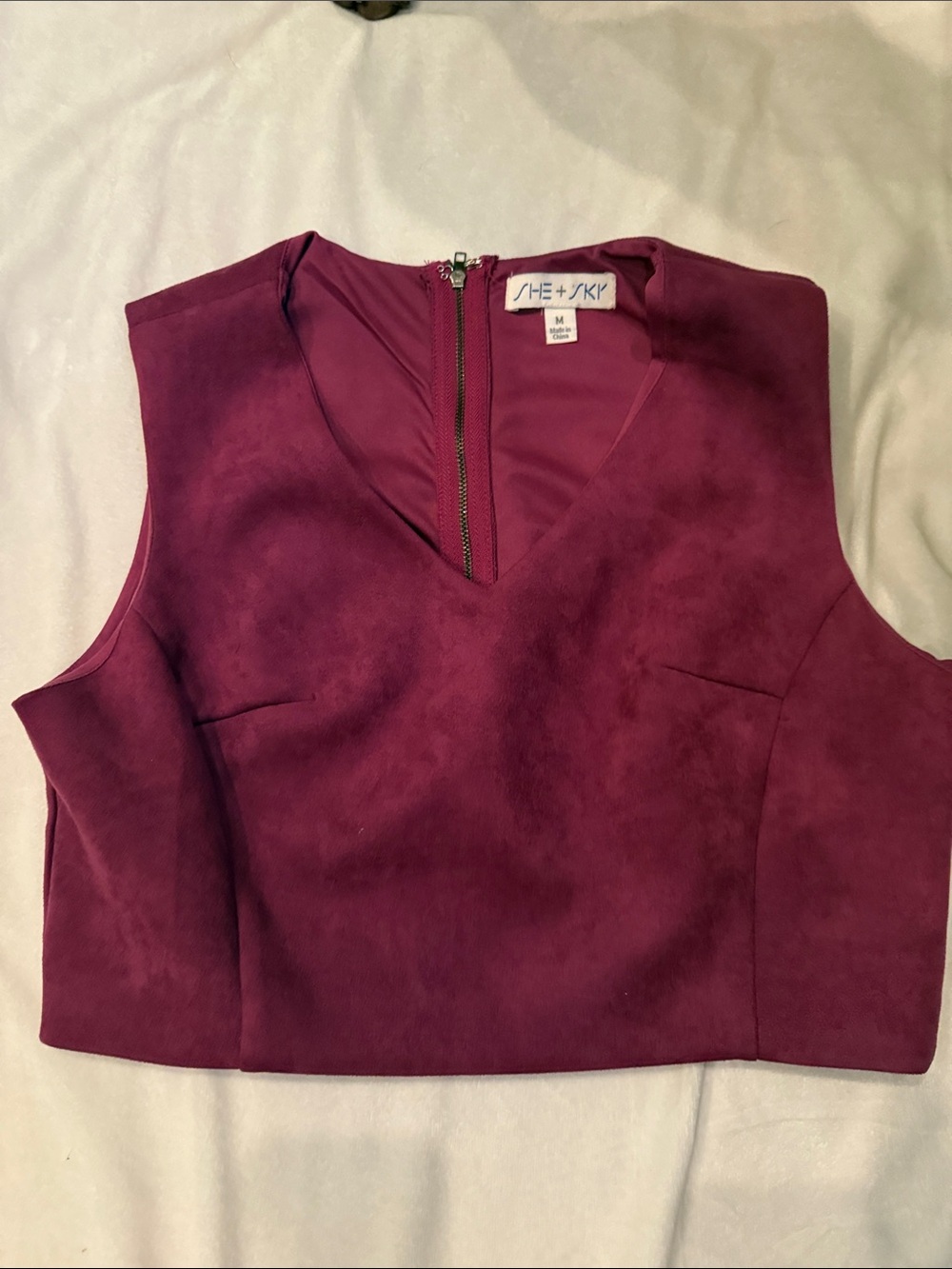 She + Sky Plum Suede-Look V-Neck Crop Top